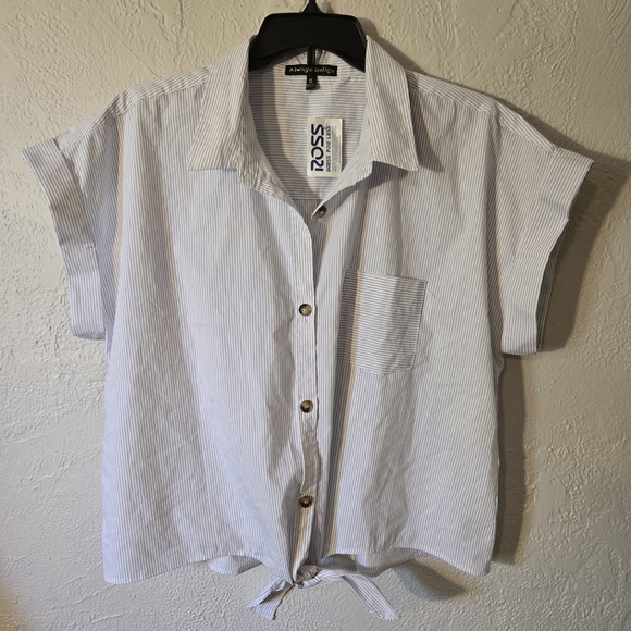 Womens Always Indigo Striped Short Sleeve Shirt - White Size Xl - Picture 1 of 4